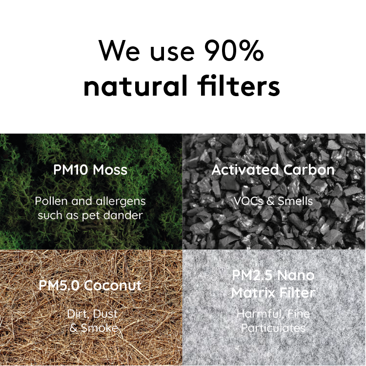 Natural Air filters of moss, coconut, and activated carbon