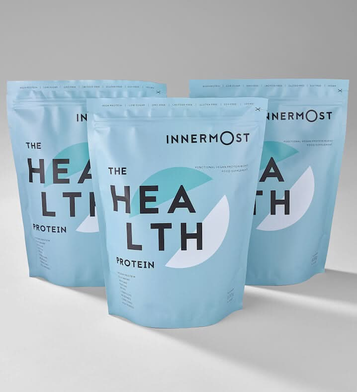 Pouches of The Health Protein - vegan protein powder developed by Innermost