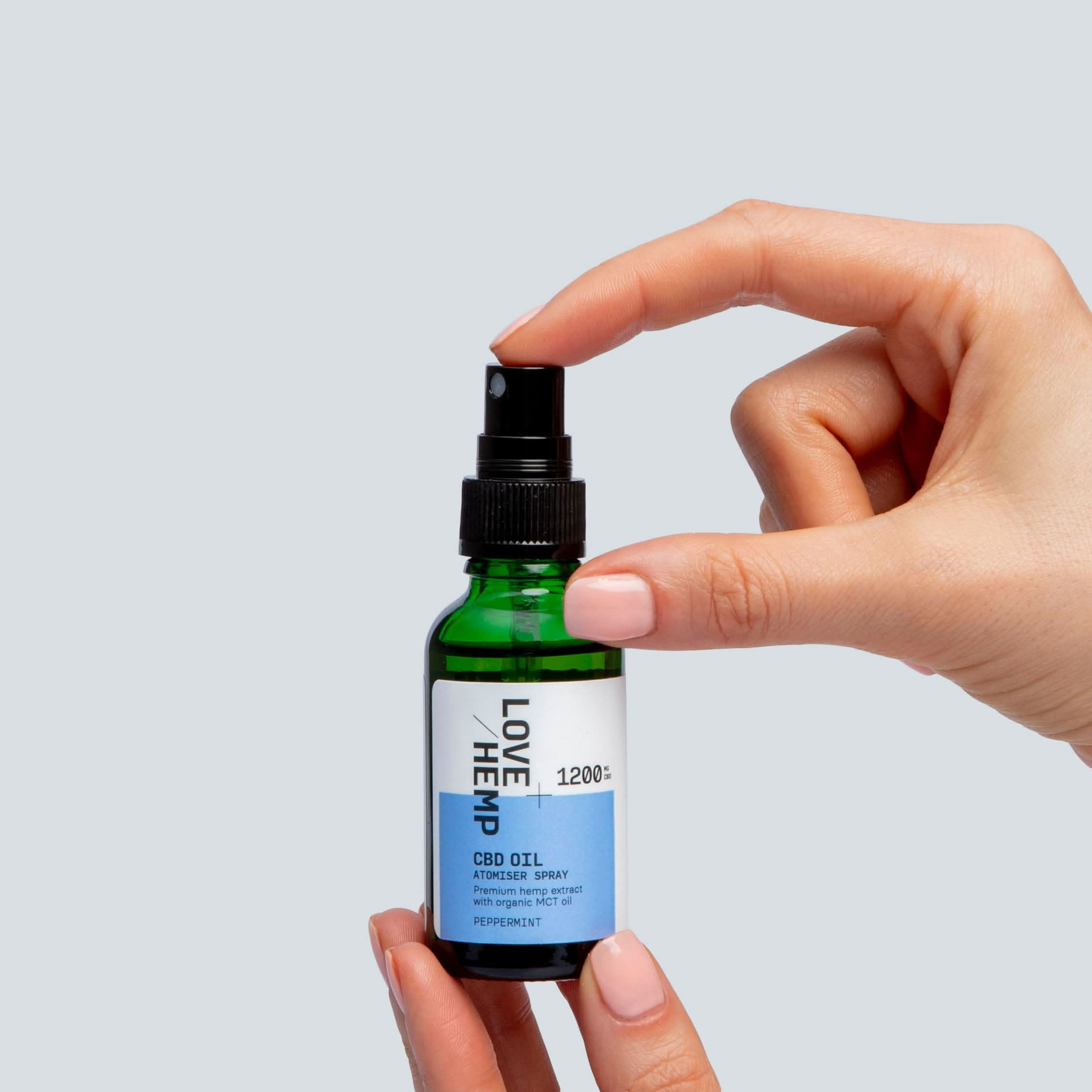 hand holding CBD Oil Spray 1200mg peppermint