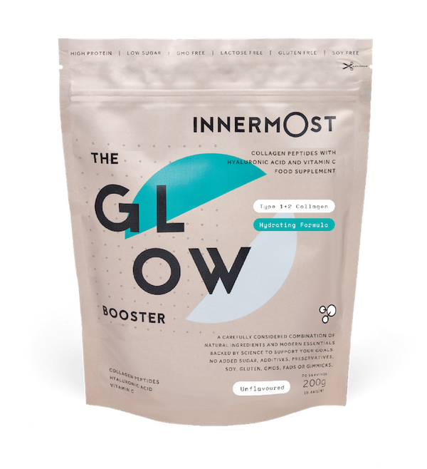 The Glow Booster. This product contains three of the most powerful, skin-nourishing ingredients backed by science including hydrolysed collagen peptides, hyaluronic acid and vitamin C. Developed to promote skin elasticity, smooth appearance and increase radiance. 