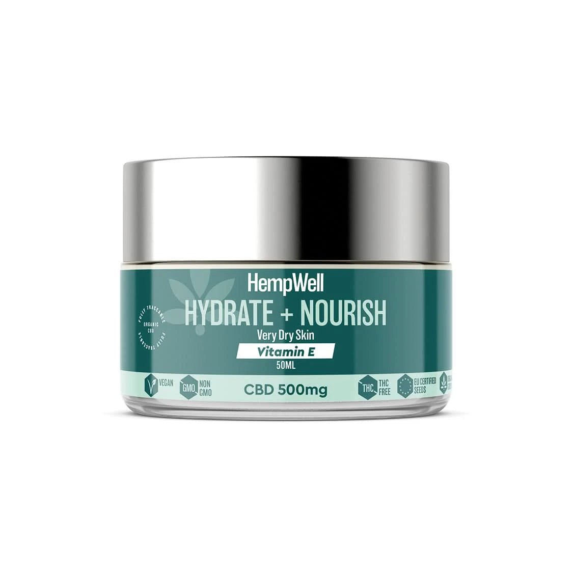 HempWell Hydrate and Nourish Vitamin E CBD Cream | 500mg CBD | 50ml Glass Jar