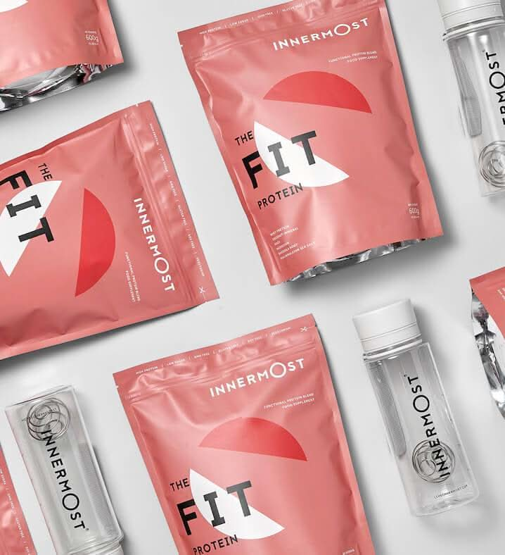 Pouches of The Fit Protein - a nutritional supplement developed by Innermost