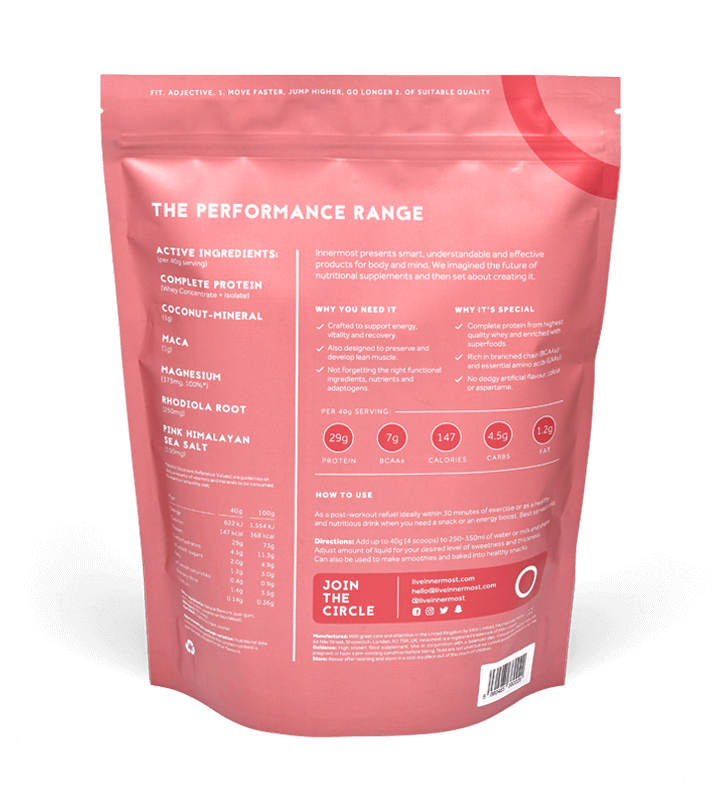 A pouch of The Fit Protein - a nutritional supplement developed by Innermost