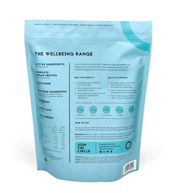 A pouch of The Health Protein - vegan protein powder developed by Innermost