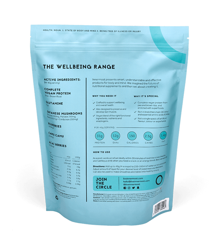 A pouch of The Health Protein - vegan protein powder developed by Innermost