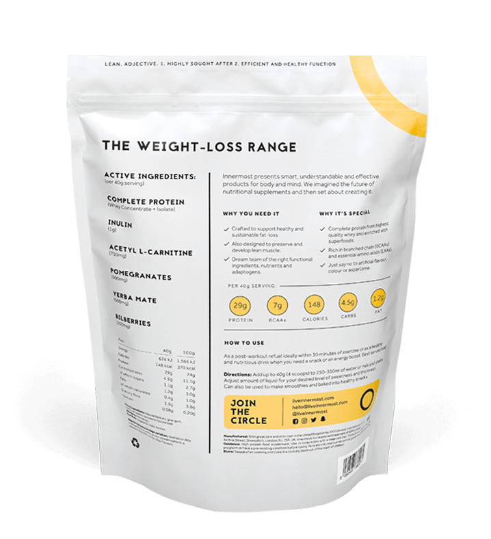 A pouch of The Lean Protein - a whey protein powder developed by Innermost