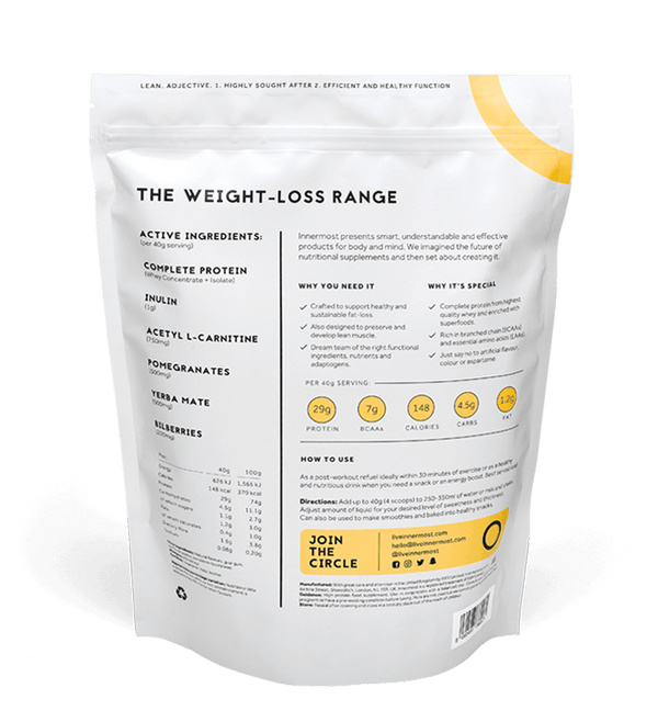 A pouch of The Lean Protein - a whey protein powder developed by Innermost