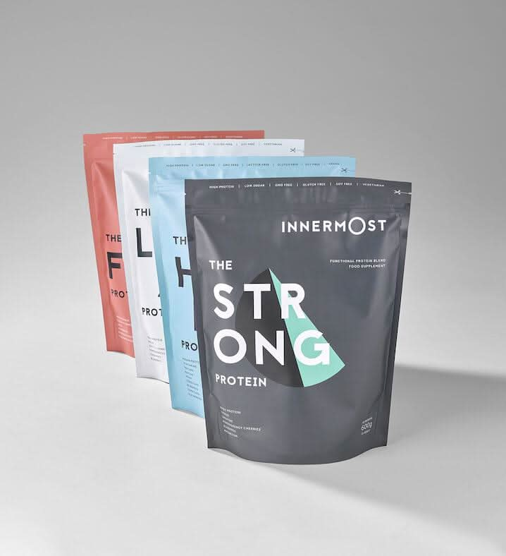 A pouch of The Strong Protein - a nutritional supplement developed by Innermost