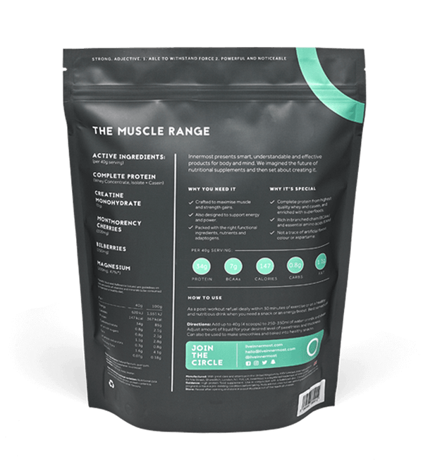 A pouch of The Strong Protein - a nutritional supplement developed by Innermost