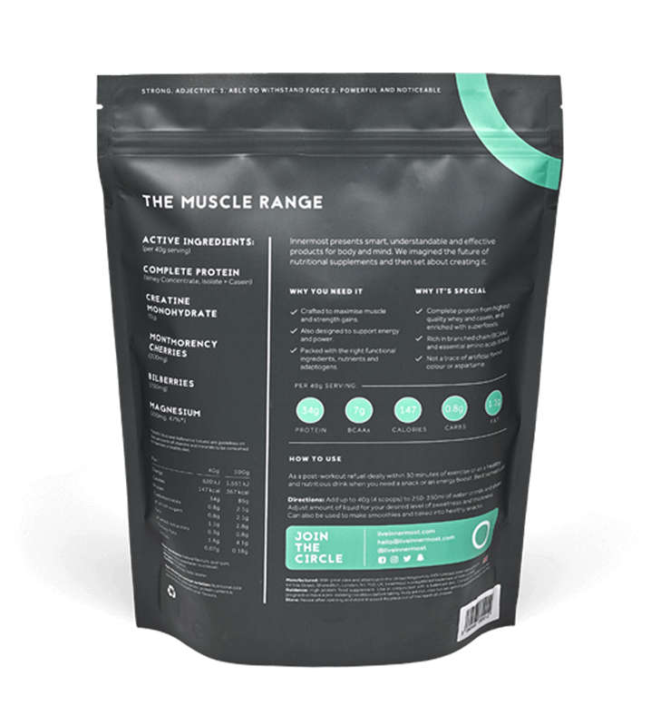 A pouch of The Strong Protein - a nutritional supplement developed by Innermost